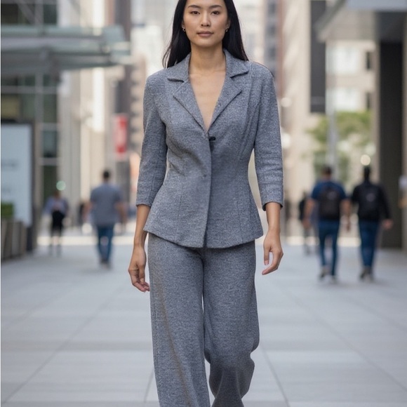 Max Studio Pants - 80s Max Studio Gray knit jersey Pantsuit Slinky Relaxed Silhouette
